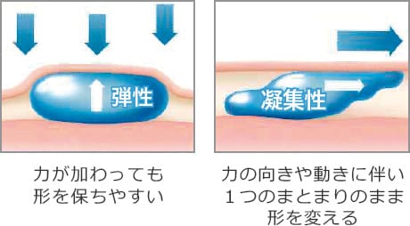 力が加わっても形を保ちやすい弾性、力の向きや動きに伴い1つのまとまりのまま形を変える凝集性【画像】