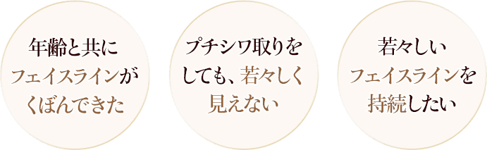 年齢と共にフェイスラインがくぼんできた、プチシワ取りをしても、若々しく見えない、若々しいフェイスラインを持続したい【画像】