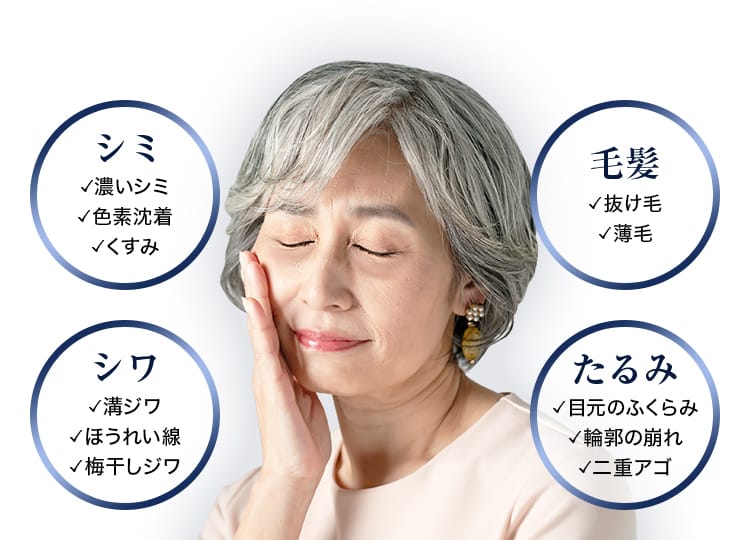 シミ 濃いシミ・色素沈着・くすみ シワ 溝ジワ・ほうれい線・梅干しジワ 毛髪 抜け毛・薄毛 たるみ 目元のふくらみ・輪郭の崩れ・二重アゴ